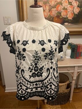 Poetry White & Black Embroidered Eyelet Blouse Size 16 Floral Boho Cotton Top